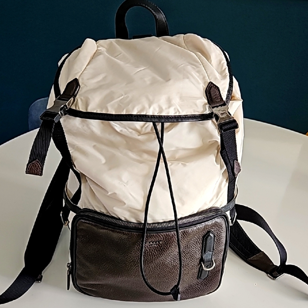 Bally Stylish Cream Nylon  and Brown Leather Backpack